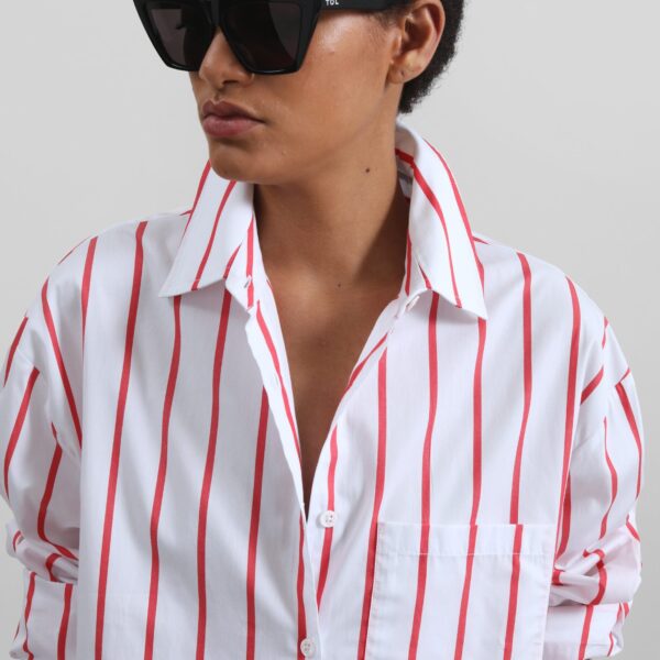 The Frankie Shop Lui Striped Cotton Shirt - White/Red Stripe - Oversized Minimalist Tops in Multicolour - Shop at Coveti