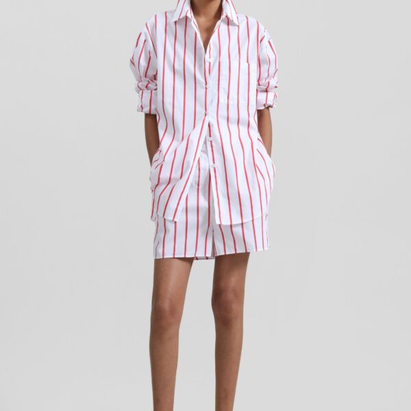 The Frankie Shop Lui Striped Cotton Shirt - White/Red Stripe - Oversized Minimalist Tops in Multicolour - Shop at Coveti