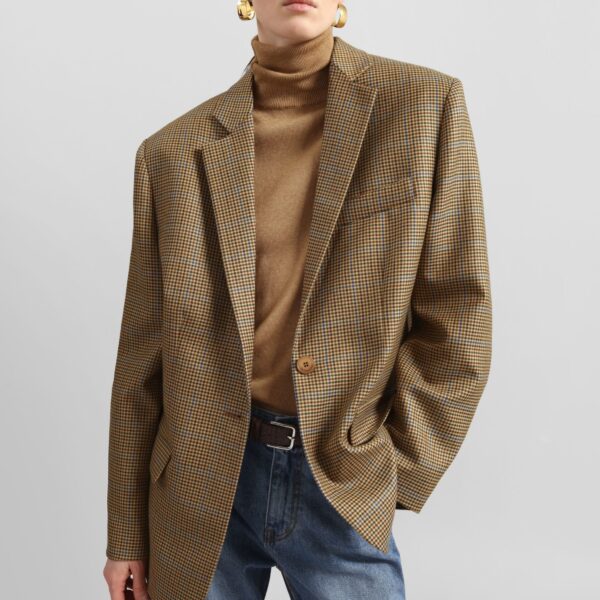 The Frankie Shop Lyra Oversized Houndstooth Blazer - Camel - Oversized Minimalist Jackets in Beige - Shop at Coveti