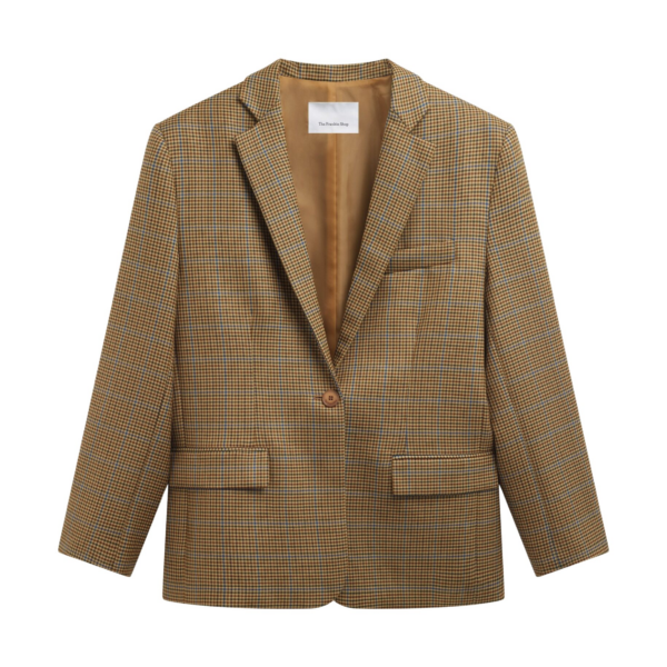 The Frankie Shop Lyra Oversized Houndstooth Blazer - Camel - Oversized Minimalist Jackets in Beige - Shop at Coveti