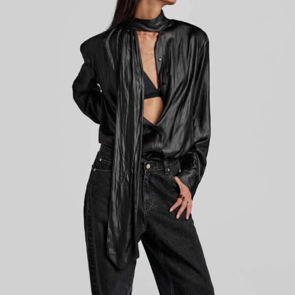 The Frankie Shop Mabillon Padded Lavalliere Blouse - Black - Oversized Minimalist Tops in Black - Shop at Coveti