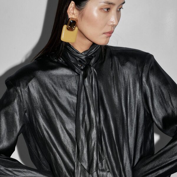 The Frankie Shop Mabillon Padded Lavalliere Blouse - Black - Oversized Minimalist Tops in Black - Shop at Coveti