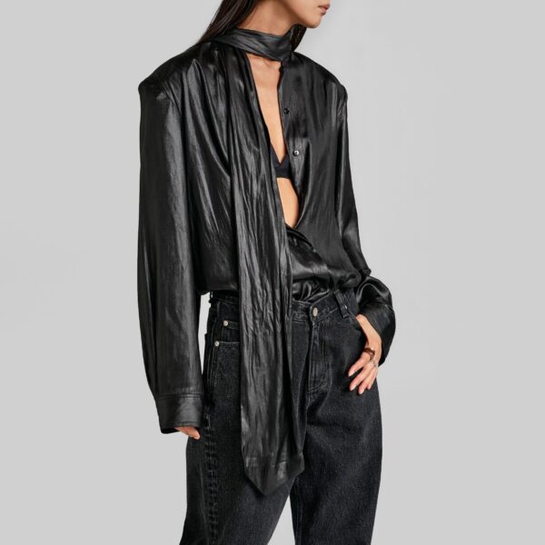 The Frankie Shop Mabillon Padded Lavalliere Blouse - Black - Oversized Minimalist Tops in Black - Shop at Coveti