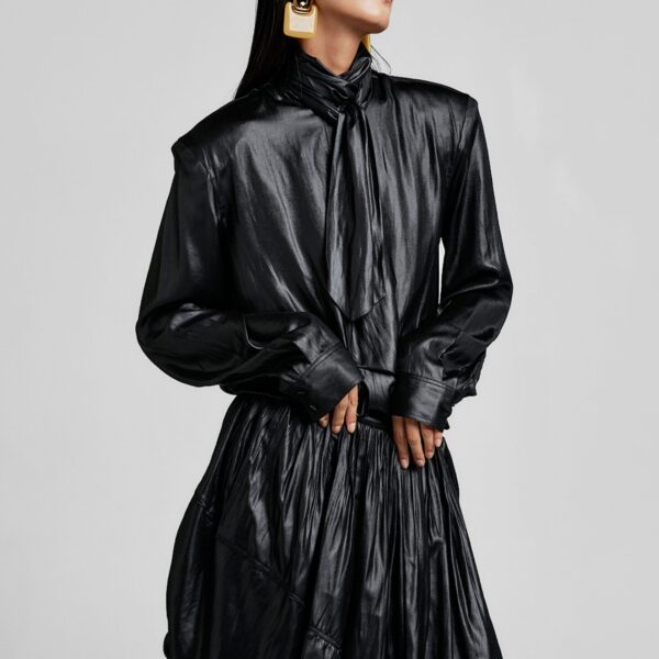 The Frankie Shop Mabillon Padded Lavalliere Blouse - Black - Oversized Minimalist Tops in Black - Shop at Coveti