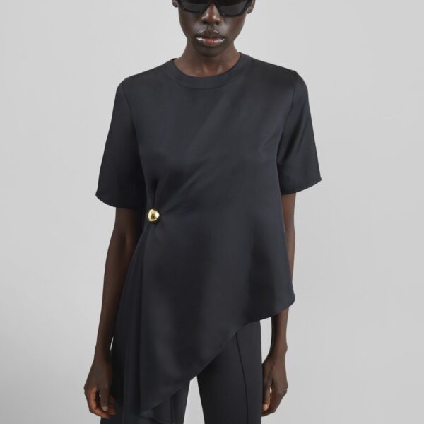 The Frankie Shop Madea Asymmetric Silk Twill Top - Black - Oversized Minimalist Tops in Black - Shop at Coveti
