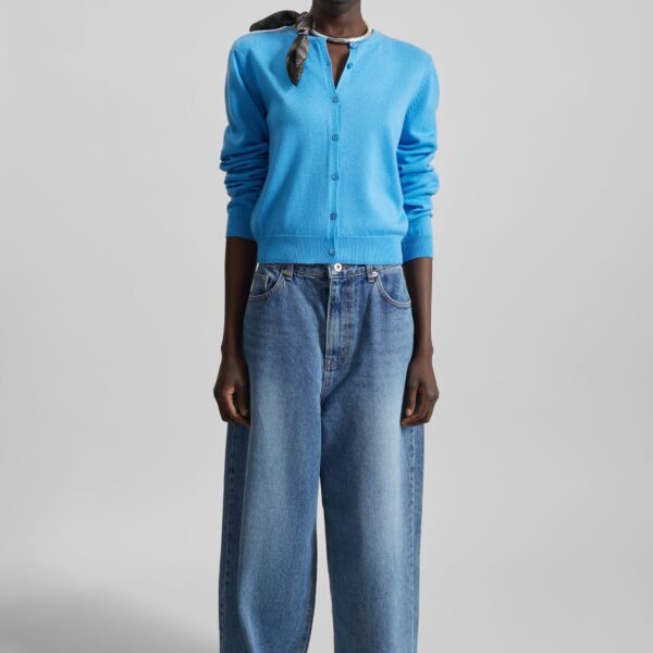 The Frankie Shop Mahim Superfine Wool Cardigan - Blue - Oversized Minimalist Knitwear in Blue - Shop at Coveti