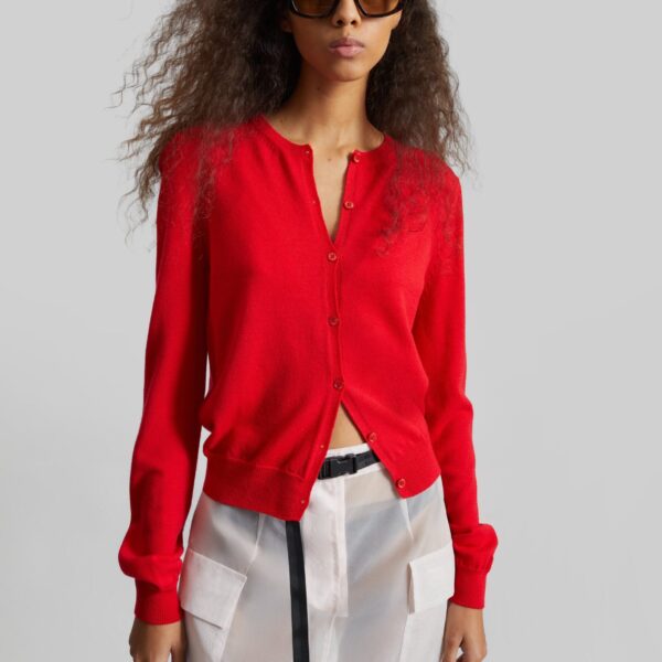 The Frankie Shop Mahim Superfine Wool Cardigan - Red - Oversized Minimalist Knitwear in Red - Shop at Coveti