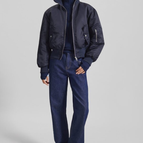 The Frankie Shop Maloy Cropped Bomber Jacket - Navy - Oversized Minimalist Jackets in Blue - Shop at Coveti