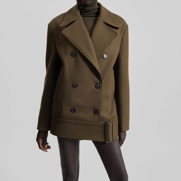 The Frankie Shop Manali Belted Peacoat - Olive Brown - Oversized Minimalist Coats in Beige - Shop at Coveti