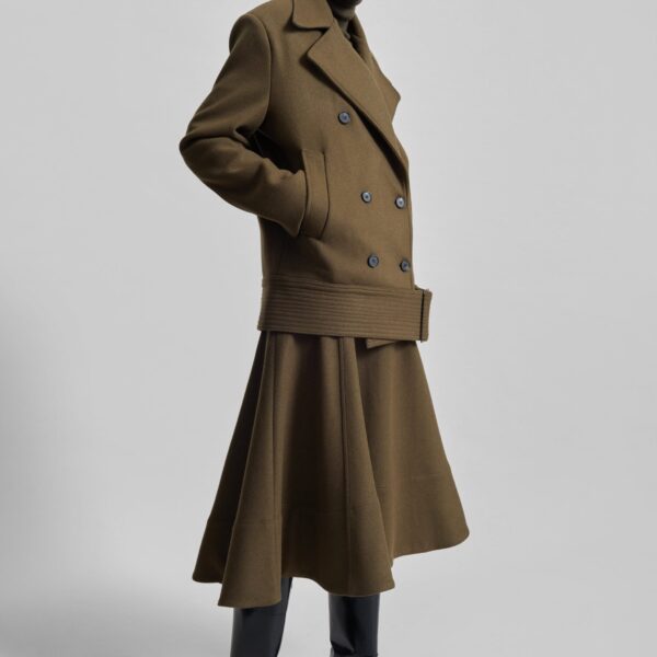 The Frankie Shop Manali Belted Peacoat - Olive Brown - Oversized Minimalist Coats in Beige - Shop at Coveti