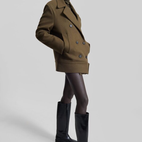 The Frankie Shop Manali Belted Peacoat - Olive Brown - Oversized Minimalist Coats in Beige - Shop at Coveti