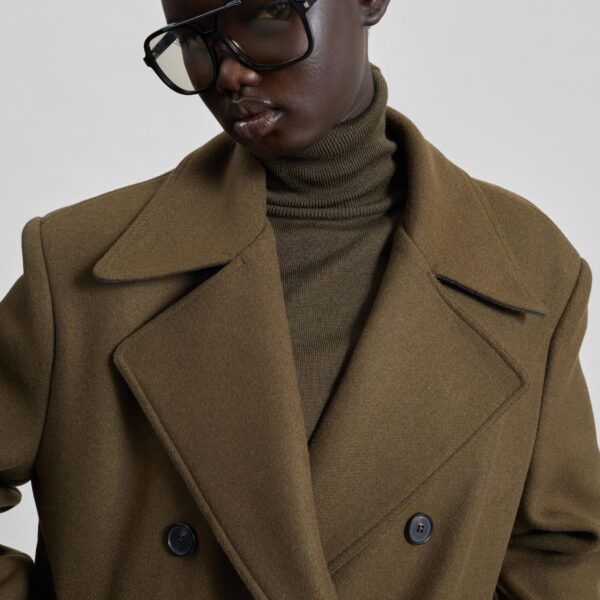 The Frankie Shop Manali Belted Peacoat - Olive Brown - Oversized Minimalist Coats in Beige - Shop at Coveti