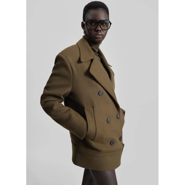 The Frankie Shop Manali Belted Peacoat – Olive Brown Coat, view 6