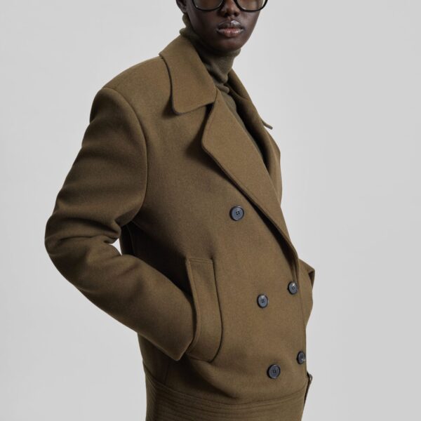 The Frankie Shop Manali Belted Peacoat - Olive Brown - Oversized Minimalist Coats in Beige - Shop at Coveti