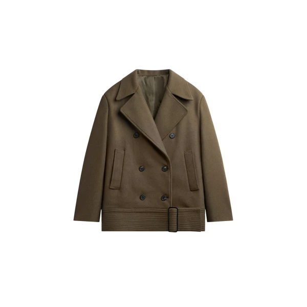The Frankie Shop Manali Belted Peacoat - Olive Brown - Oversized Minimalist Coats in Beige - Shop at Coveti
