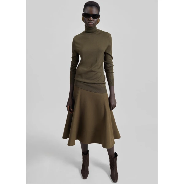 The Frankie Shop Manali Flared Midi Skirt – Olive Brown, view 2