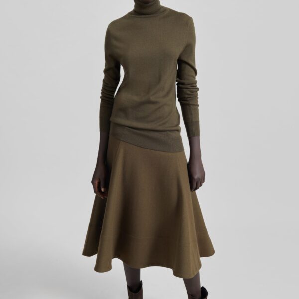 The Frankie Shop Manali Flared Midi Skirt - Olive Brown - Oversized Minimalist Skirts in Beige - Shop at Coveti
