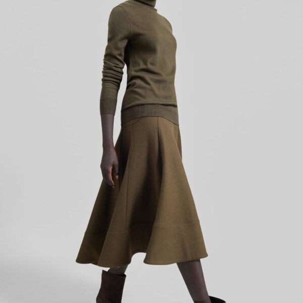 The Frankie Shop Manali Flared Midi Skirt - Olive Brown - Oversized Minimalist Skirts in Beige - Shop at Coveti