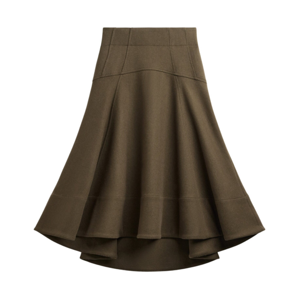 The Frankie Shop Manali Flared Midi Skirt - Olive Brown - Oversized Minimalist Skirts in Beige - Shop at Coveti