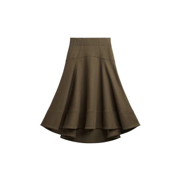 The Frankie Shop Manali Flared Midi Skirt - Olive Brown - Oversized Minimalist Skirts in Beige - Shop at Coveti