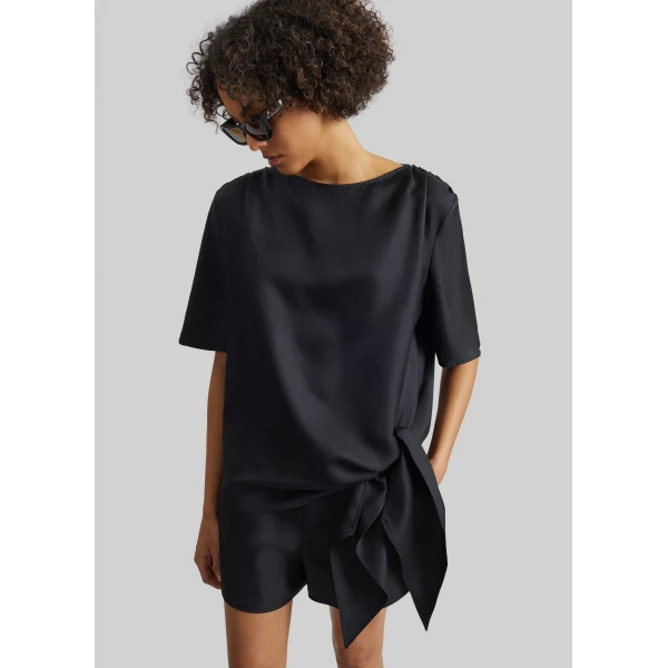 The Frankie Shop Mano Asymmetric Silk Top – Black, view 3