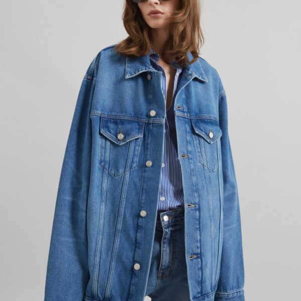 The Frankie Shop Marden Denim Jacket - Medium Wash - Oversized Minimalist Jackets in Grey - Shop at Coveti