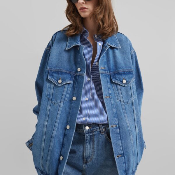 The Frankie Shop Marden Denim Jacket - Medium Wash - Oversized Minimalist Jackets in Grey - Shop at Coveti