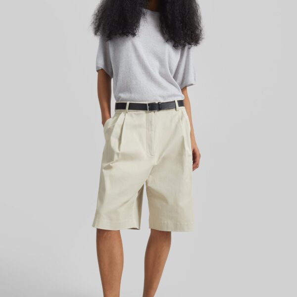 The Frankie Shop Marfa Cotton Pleated Bermuda - Light Beige - Oversized Minimalist Shorts in Beige - Shop at Coveti