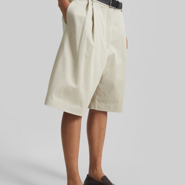 The Frankie Shop Marfa Cotton Pleated Bermuda - Light Beige - Oversized Minimalist Shorts in Beige - Shop at Coveti