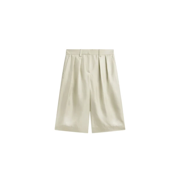 The Frankie Shop Marfa Cotton Pleated Bermuda - Light Beige - Oversized Minimalist Shorts in Beige - Shop at Coveti