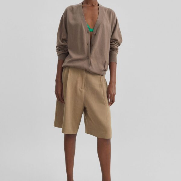 The Frankie Shop Marfa Linen Bermuda Shorts - Camel - Oversized Minimalist Shorts in Beige - Shop at Coveti