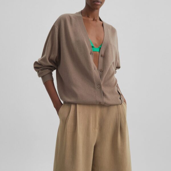 The Frankie Shop Marfa Linen Bermuda Shorts - Camel - Oversized Minimalist Shorts in Beige - Shop at Coveti