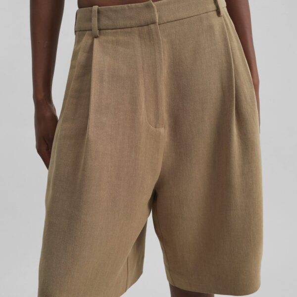 The Frankie Shop Marfa Linen Bermuda Shorts - Camel - Oversized Minimalist Shorts in Beige - Shop at Coveti