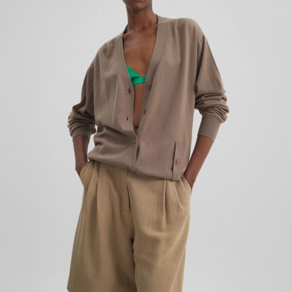 The Frankie Shop Marfa Linen Bermuda Shorts - Camel - Oversized Minimalist Shorts in Beige - Shop at Coveti