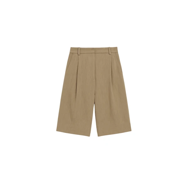 The Frankie Shop Marfa Linen Bermuda Shorts - Camel - Oversized Minimalist Shorts in Beige - Shop at Coveti