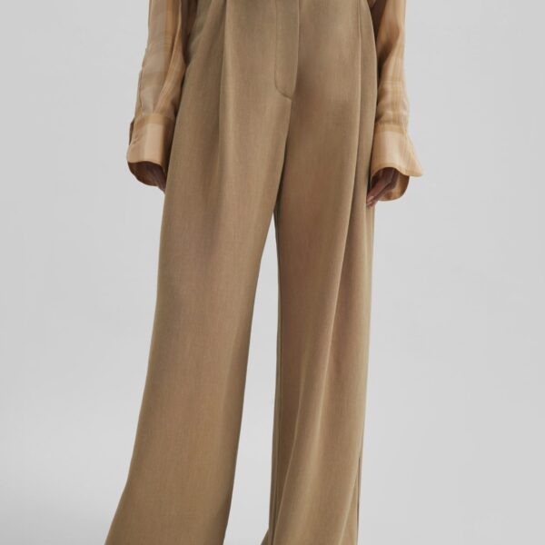 The Frankie Shop Marfa Linen Pleated Trousers - Camel - Oversized Minimalist Pants in Beige - Shop at Coveti