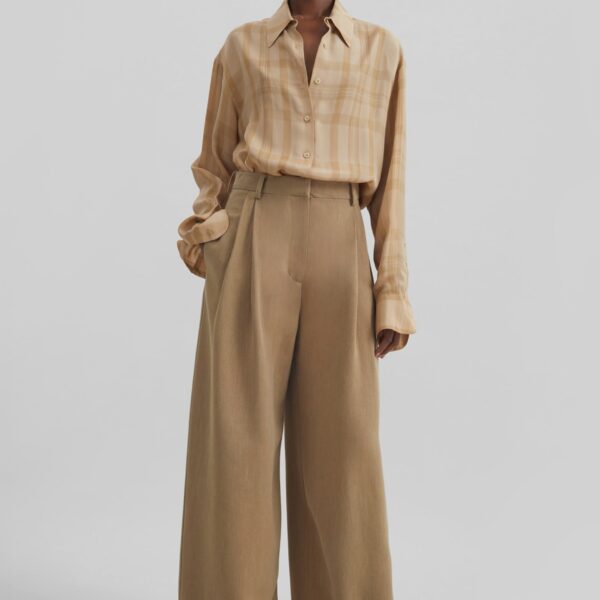 The Frankie Shop Marfa Linen Pleated Trousers - Camel - Oversized Minimalist Pants in Beige - Shop at Coveti