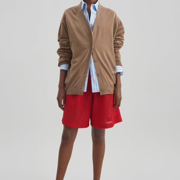 The Frankie Shop Marfa Mesh Pleated Bermuda Shorts - Red - Oversized Minimalist Shorts in Red - Shop at Coveti
