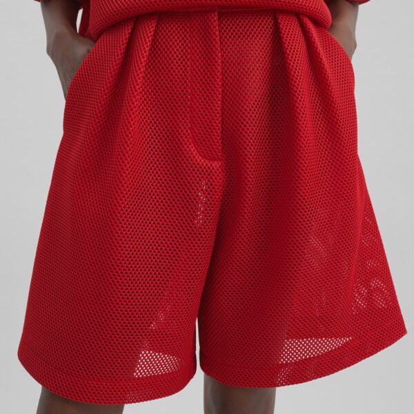 The Frankie Shop Marfa Mesh Pleated Bermuda Shorts - Red - Oversized Minimalist Shorts in Red - Shop at Coveti