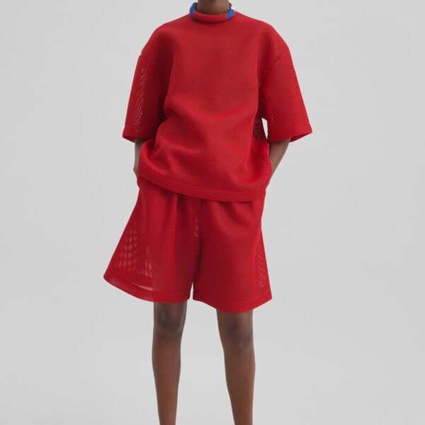 The Frankie Shop Marfa Mesh Pleated Bermuda Shorts - Red - Oversized Minimalist Shorts in Red - Shop at Coveti