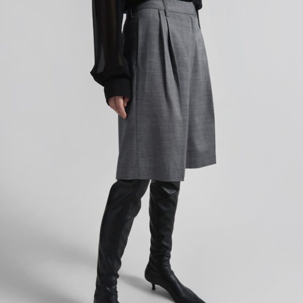 The Frankie Shop Marfa Pleated Bermuda Shorts - Grey Melange - Oversized Minimalist Shorts in Grey - Shop at Coveti