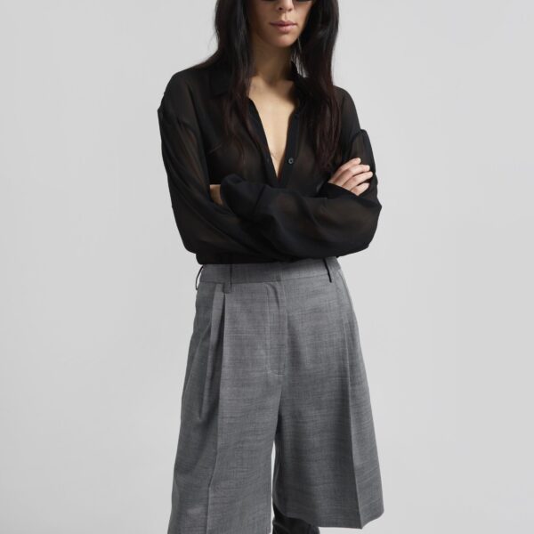The Frankie Shop Marfa Pleated Bermuda Shorts - Grey Melange - Oversized Minimalist Shorts in Grey - Shop at Coveti