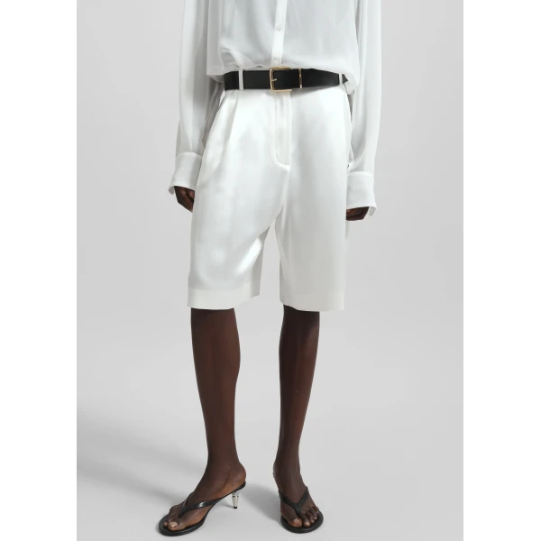 The Frankie Shop Marfa Pleated Satin Bermuda Shorts – White, view 2