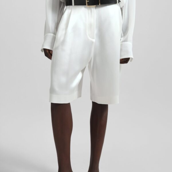 The Frankie Shop Marfa Pleated Satin Bermuda Shorts - White - Oversized Minimalist Shorts in White - Shop at Coveti