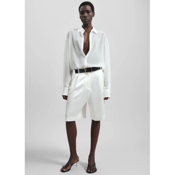 The Frankie Shop Marfa Pleated Satin Bermuda Shorts – White, view 3