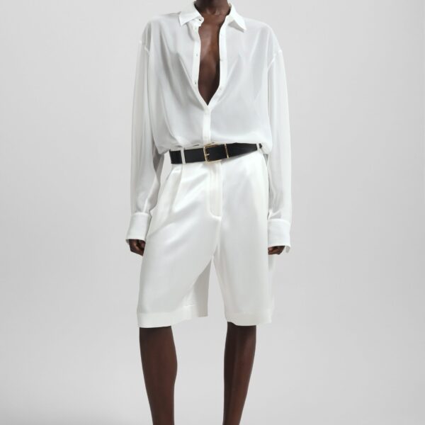 The Frankie Shop Marfa Pleated Satin Bermuda Shorts - White - Oversized Minimalist Shorts in White - Shop at Coveti