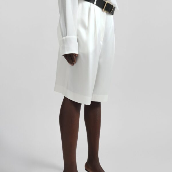 The Frankie Shop Marfa Pleated Satin Bermuda Shorts - White - Oversized Minimalist Shorts in White - Shop at Coveti