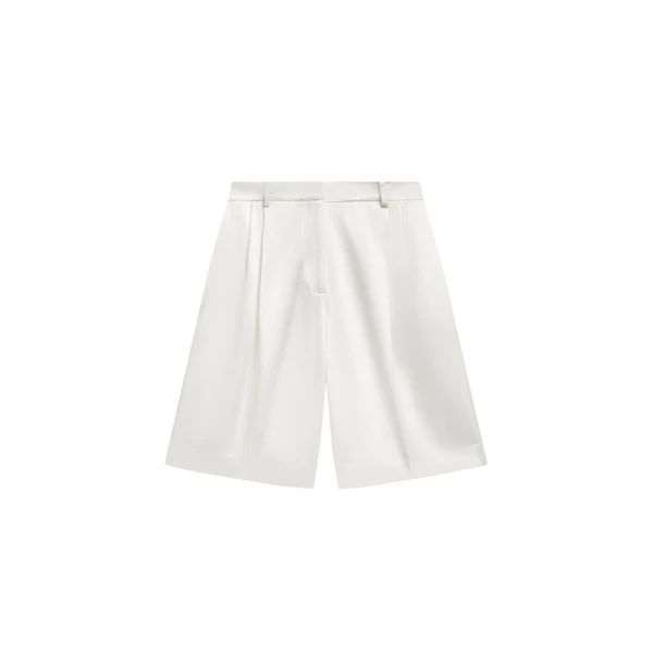 The Frankie Shop Marfa Pleated Satin Bermuda Shorts - White - Oversized Minimalist Shorts in White - Shop at Coveti