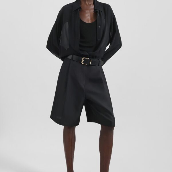 The Frankie Shop Marfa Pleated Silk Bermuda Shorts - Black - Oversized Minimalist Shorts in Black - Shop at Coveti