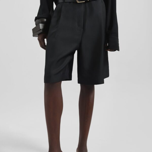 The Frankie Shop Marfa Pleated Silk Bermuda Shorts - Black - Oversized Minimalist Shorts in Black - Shop at Coveti